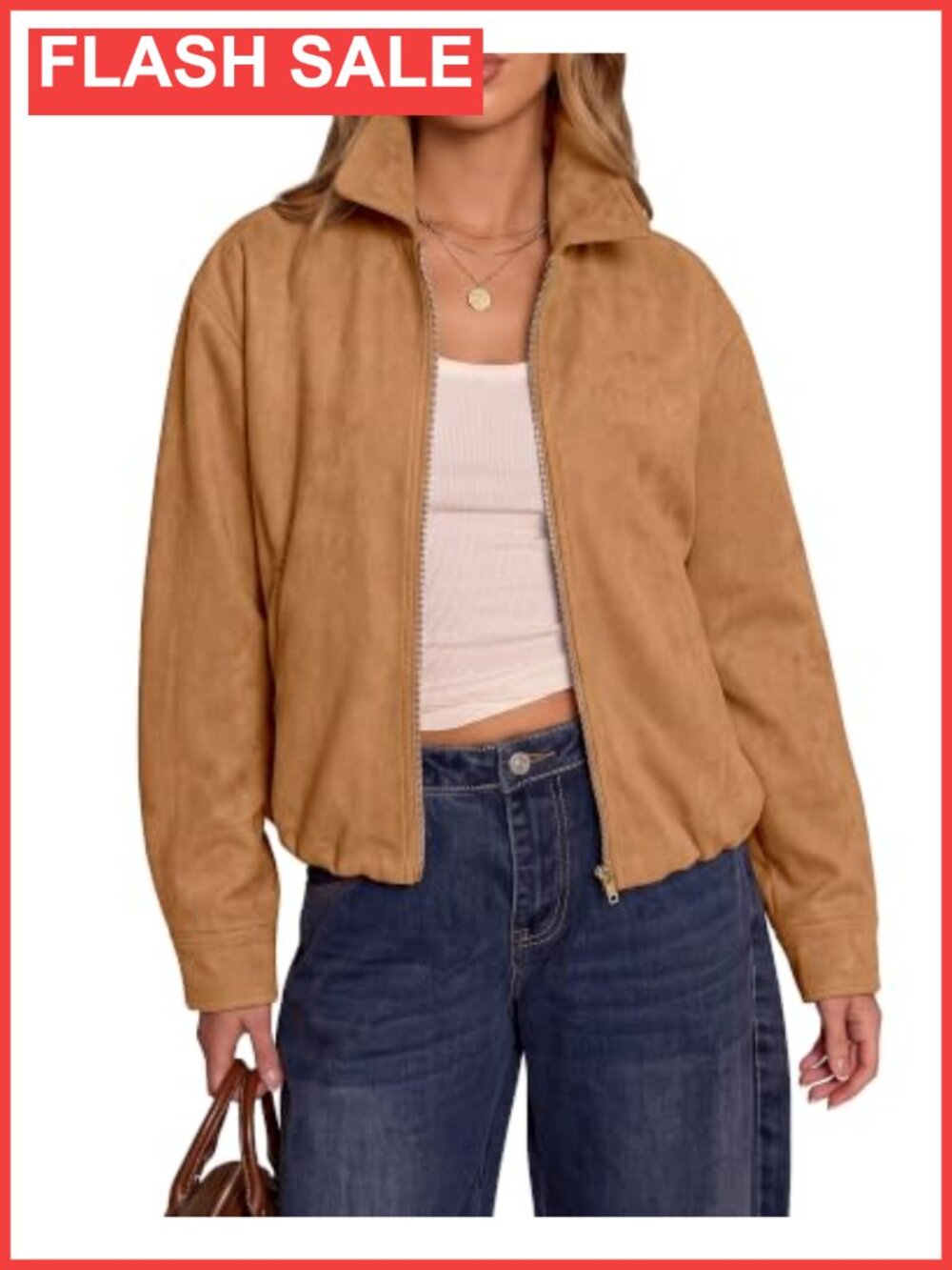 Faux Suede Cropped Jacket Women Oversized Fall Bomber Coat Zip